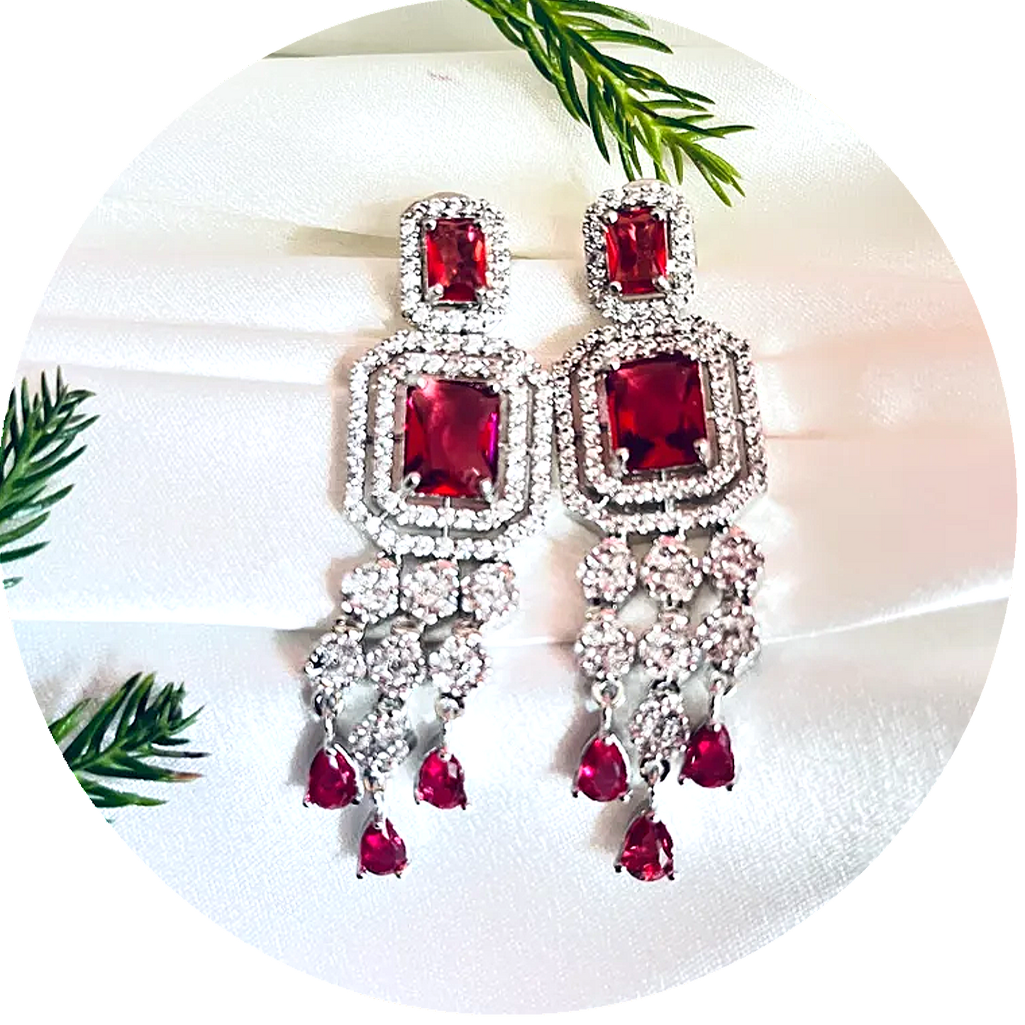Red Wine Color American Diamond Statement Earrings