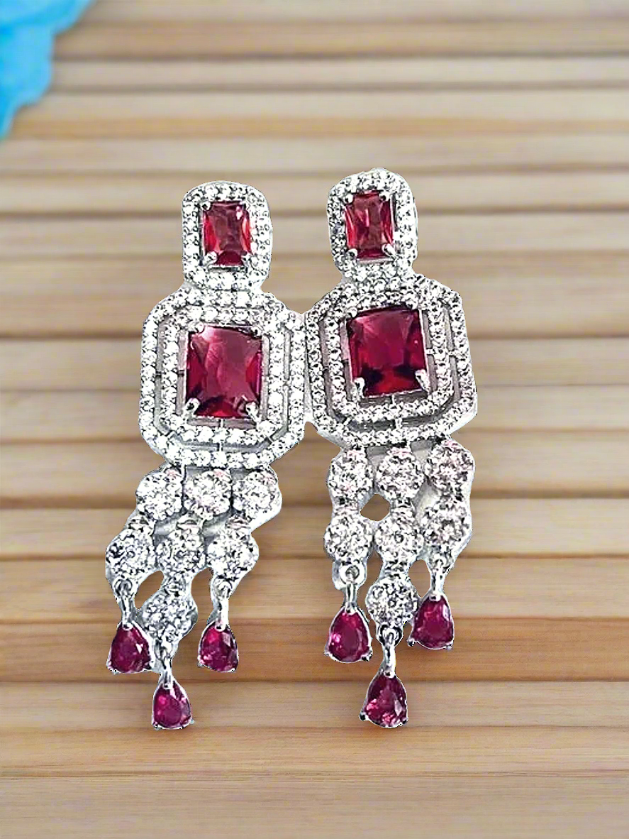 Red Wine Color American Diamond Statement Earrings