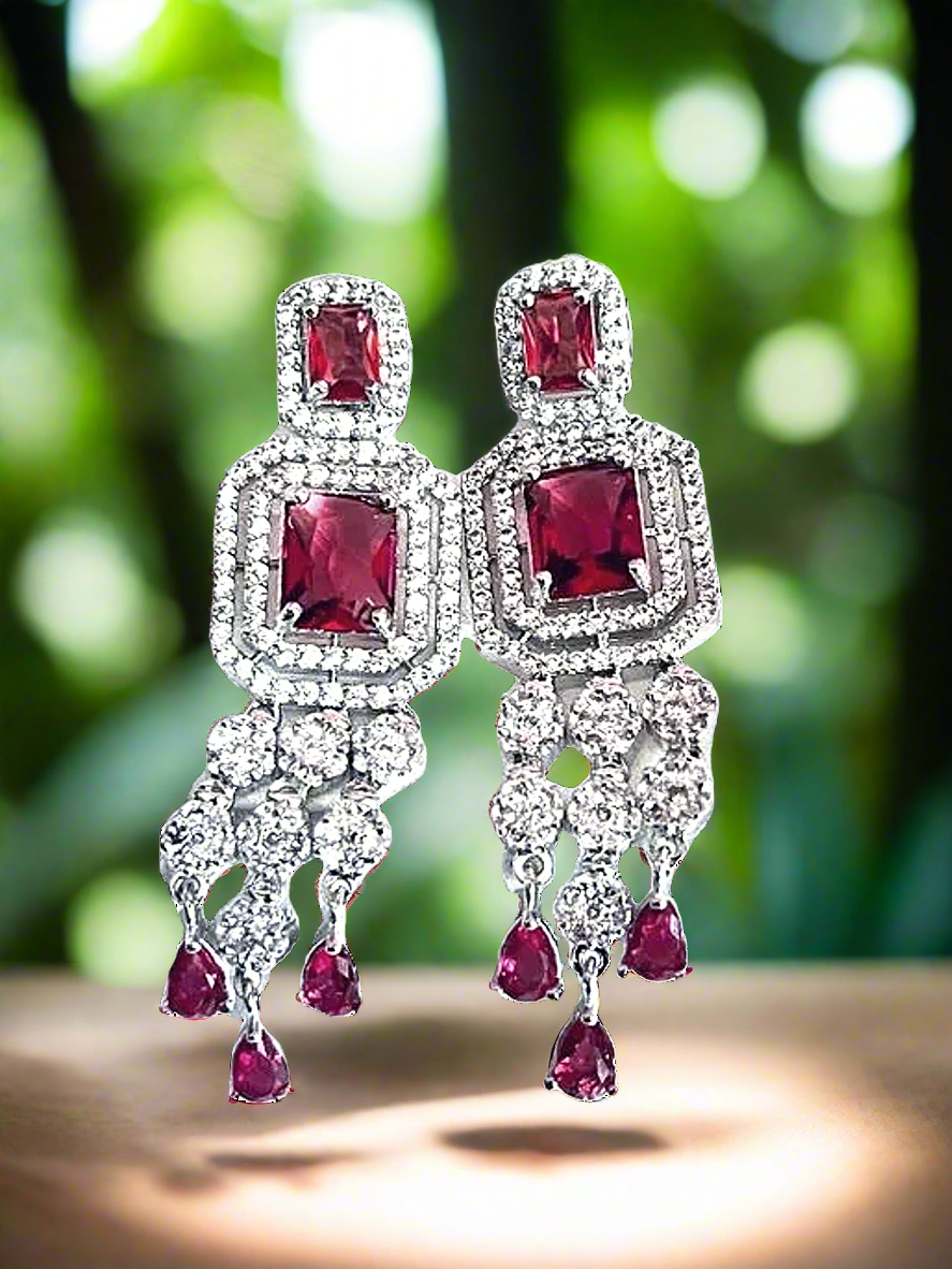 Red Wine Color American Diamond Statement Earrings