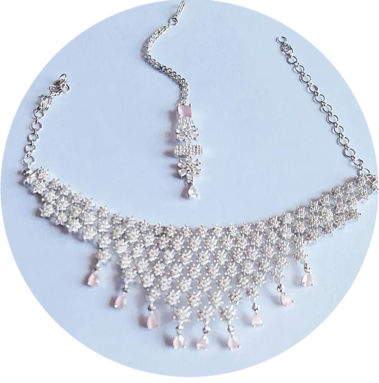 Pink American Diamond Choker Necklace Set With Maang Tikka