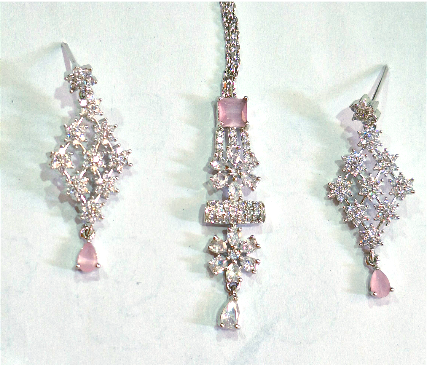 Pink American Diamond Choker Necklace Set With Maang Tikka