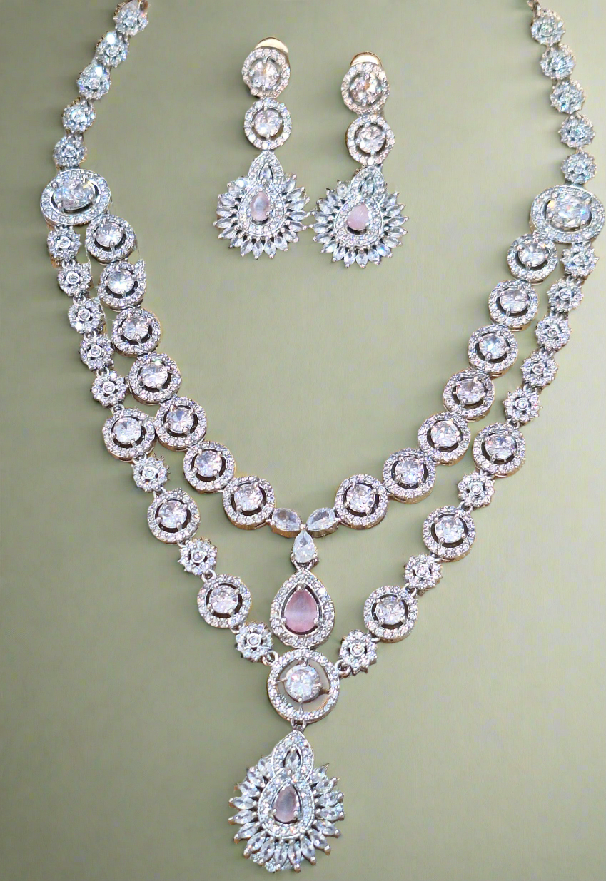 Light Pink Double Layer American Diamond Necklace Set