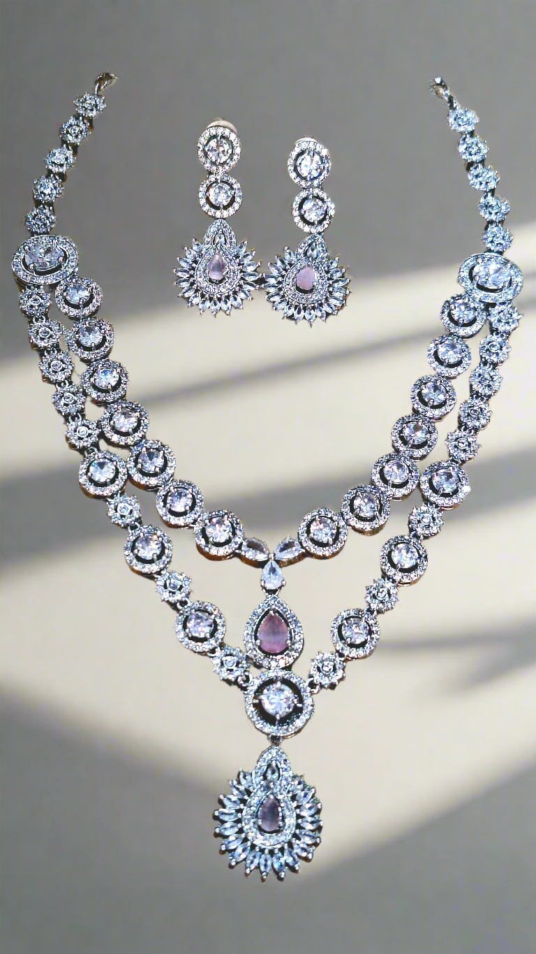 Light Pink Double Layer American Diamond Necklace Set