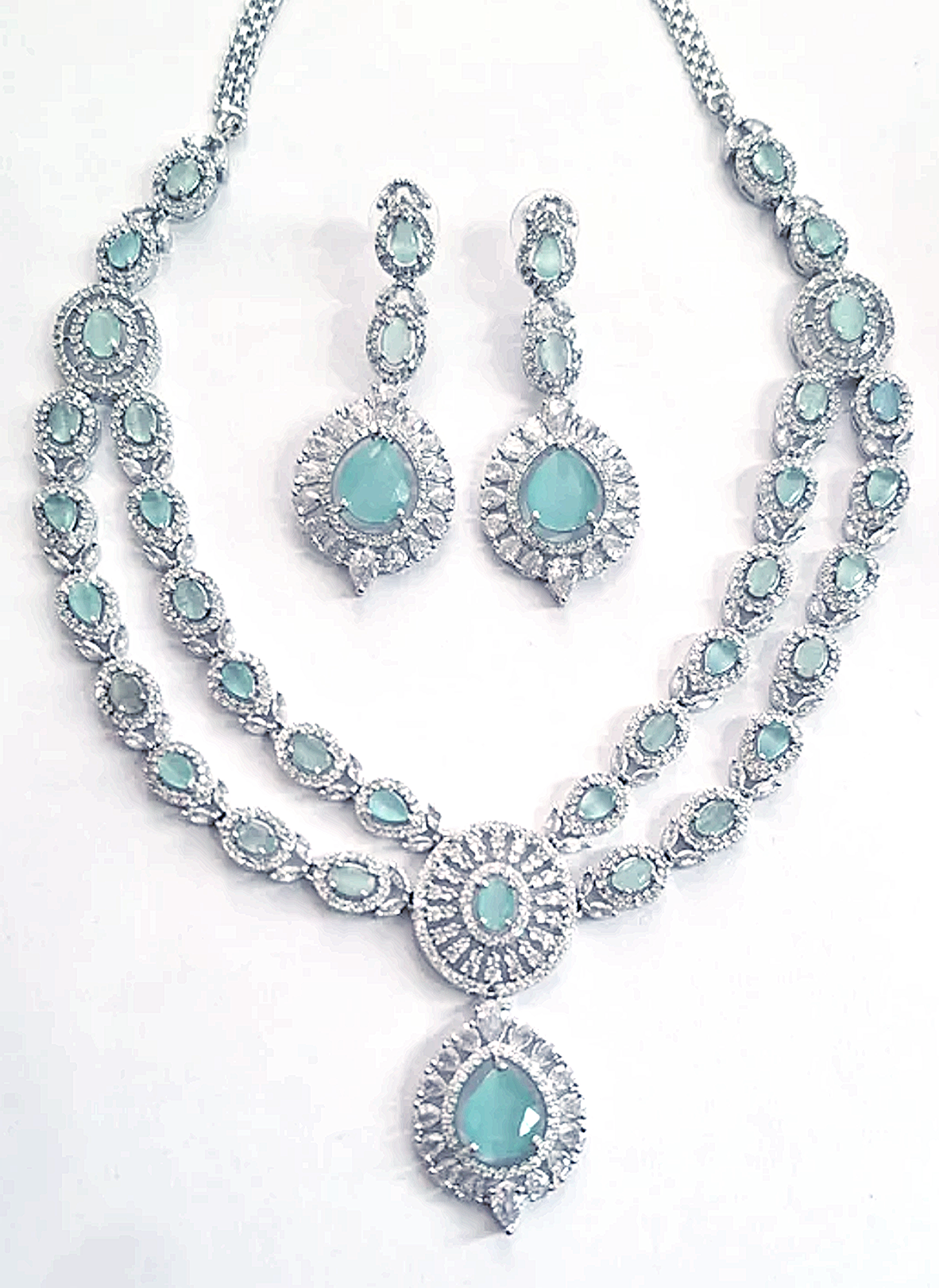 Double Layer Turquoise Green Ruby American Diamond Necklace Set
