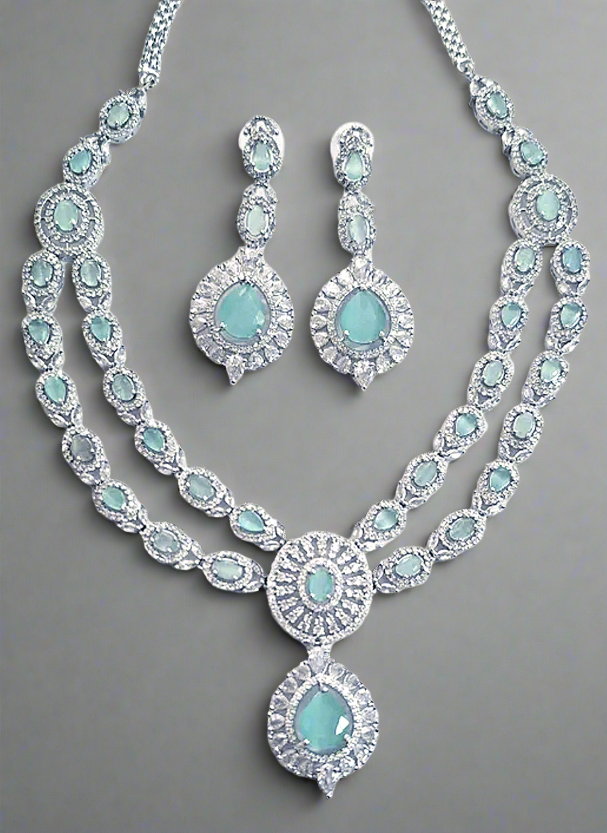 Double Layer Turquoise Green Ruby American Diamond Necklace Set