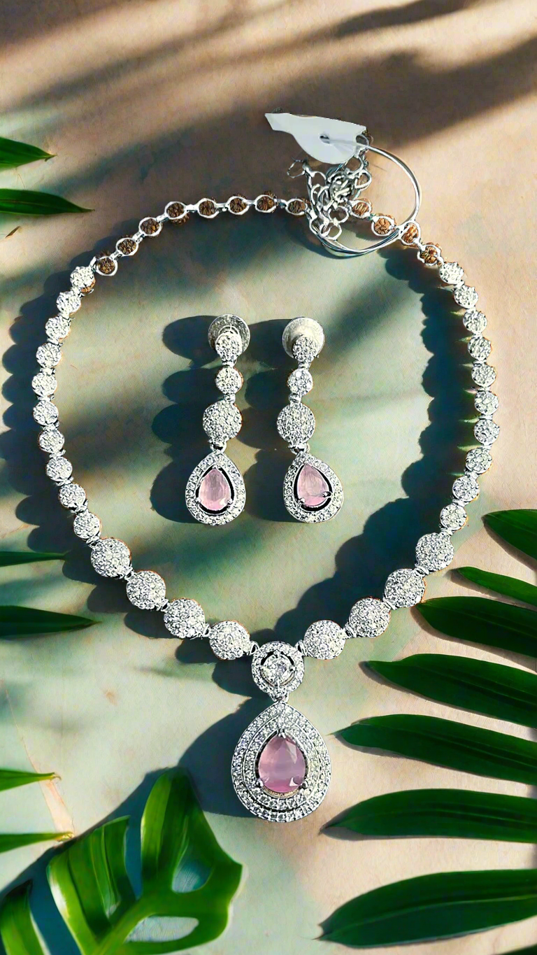 Pink Color American Diamond Statement Necklace Set