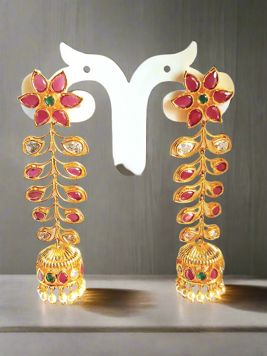 Pink Ruby Long 1.5 Gram Gold Plated Jhumki | Earrings