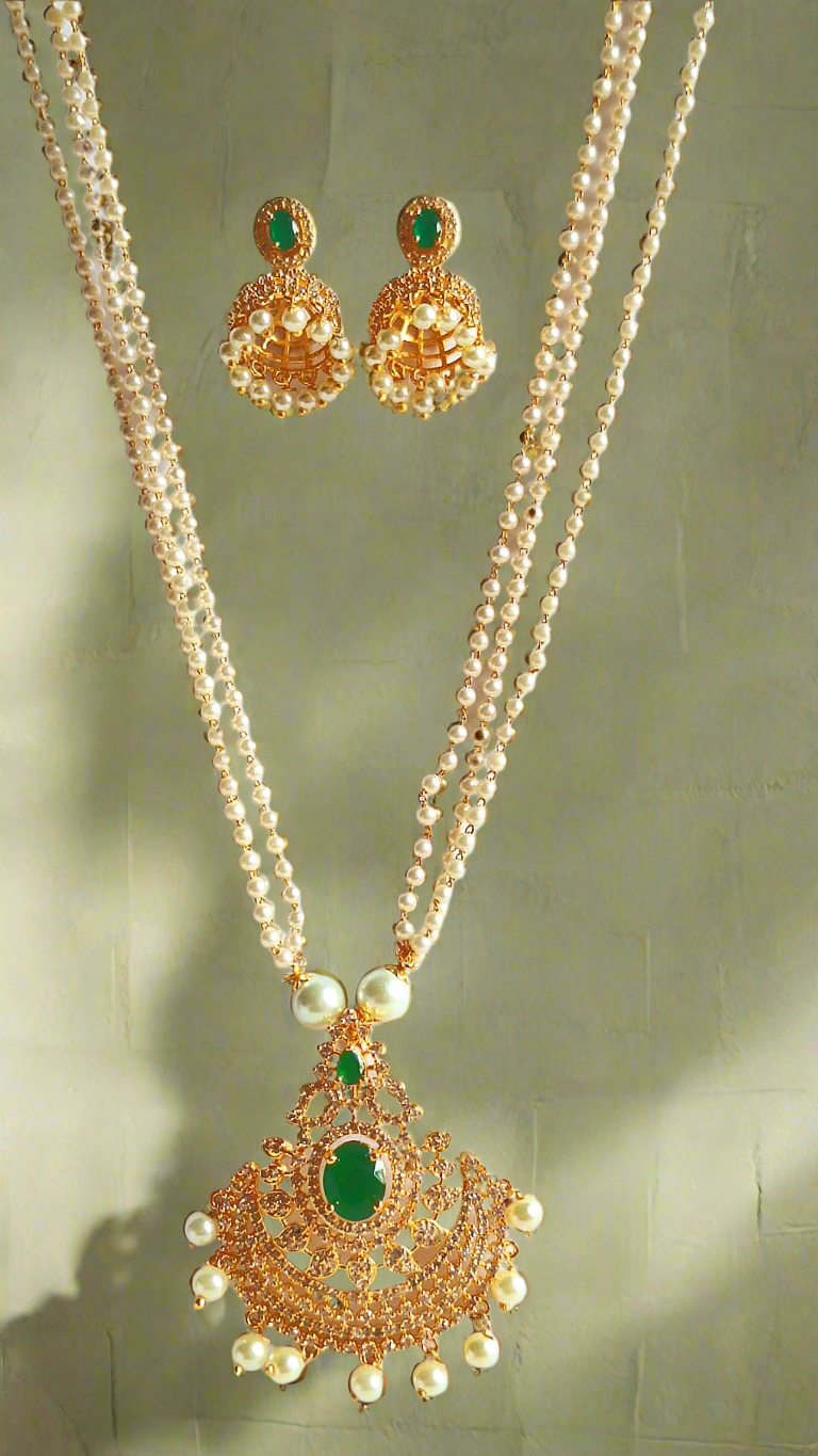 Green American Diamond Pearl Chain Long Necklace Set