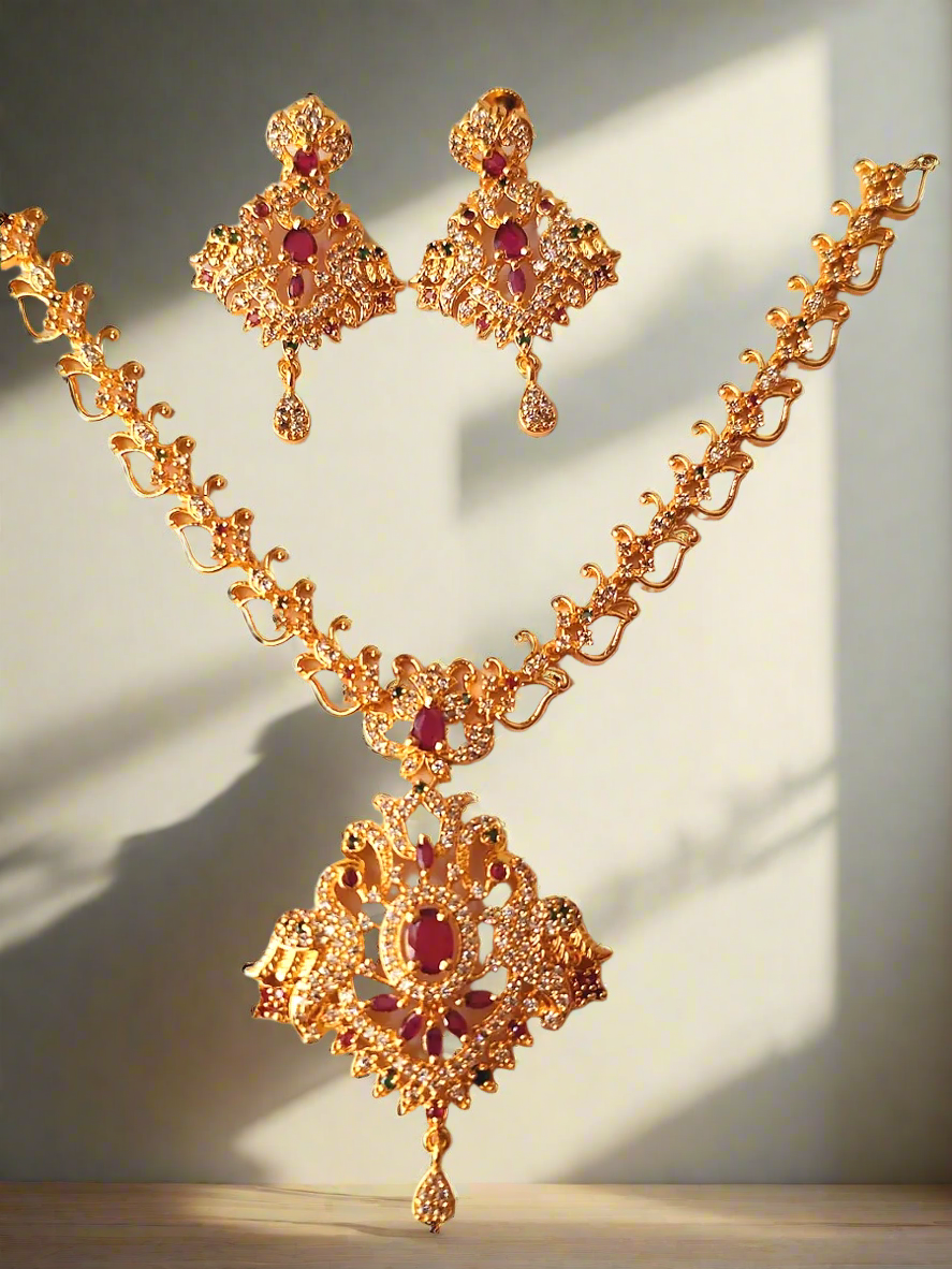 Pink Ruby 1.5 Gram Gold Plated American Diamond Long Necklace Set