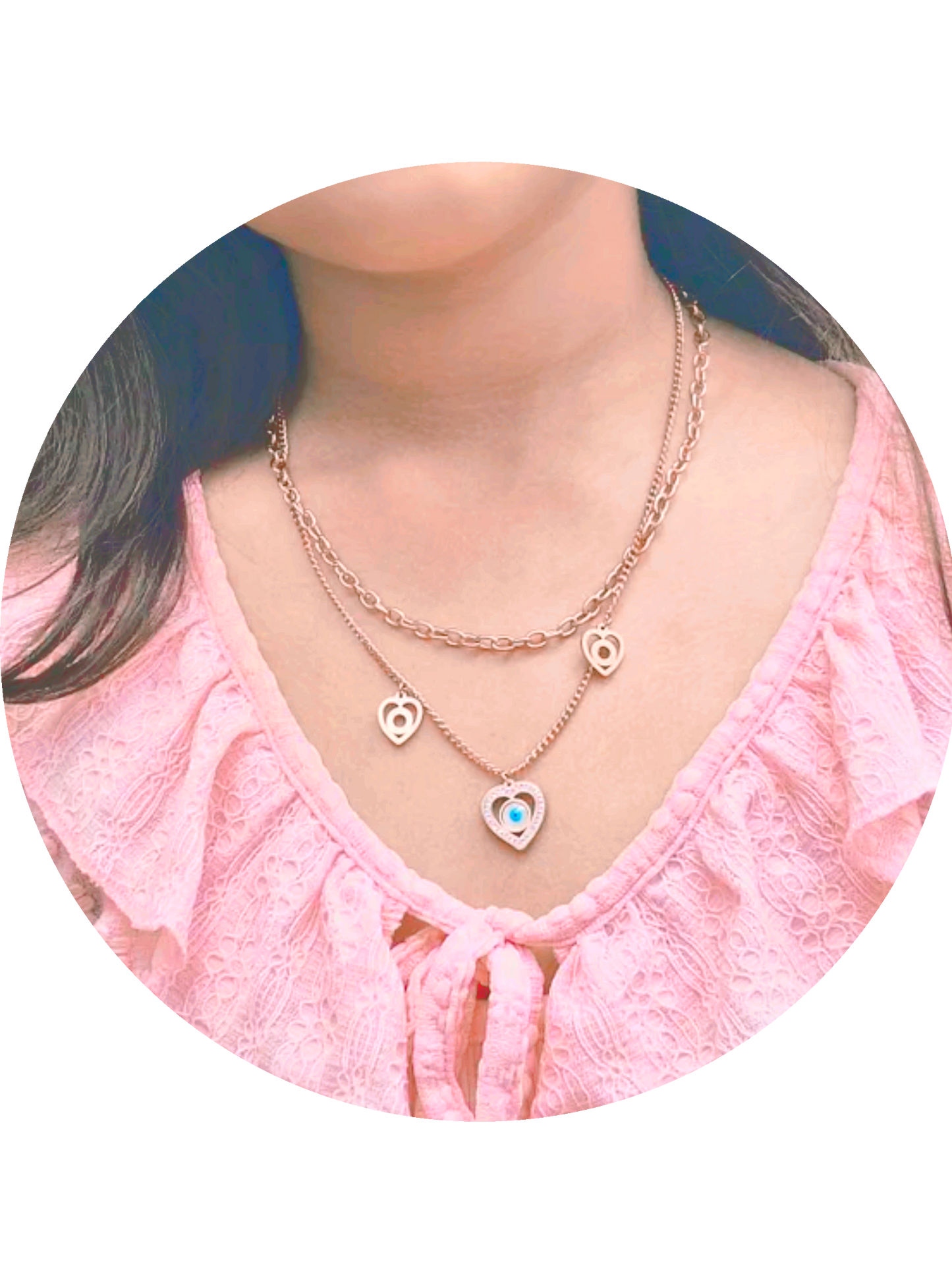 Anti Tarnish Triple Heart Evil Eye Rose Pink Plated Chain Necklace