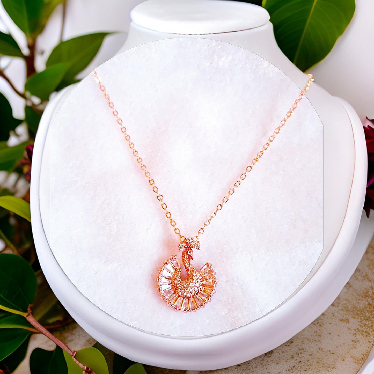 Anti Tarnish Rose Pink Plated Chain With Peacock Pendant Necklace