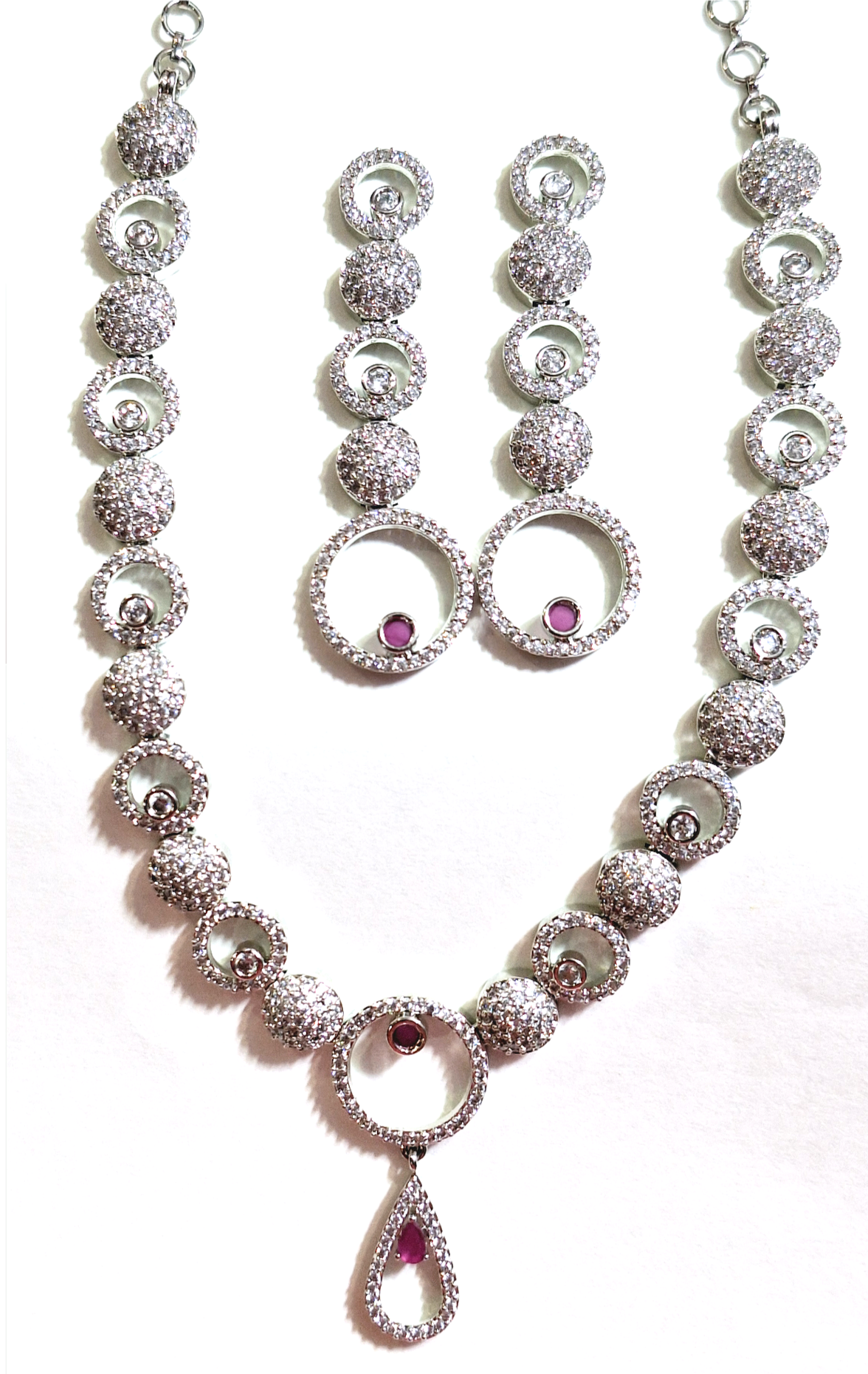 White And Pink American Diamond Necklace Set with Statement Earrings