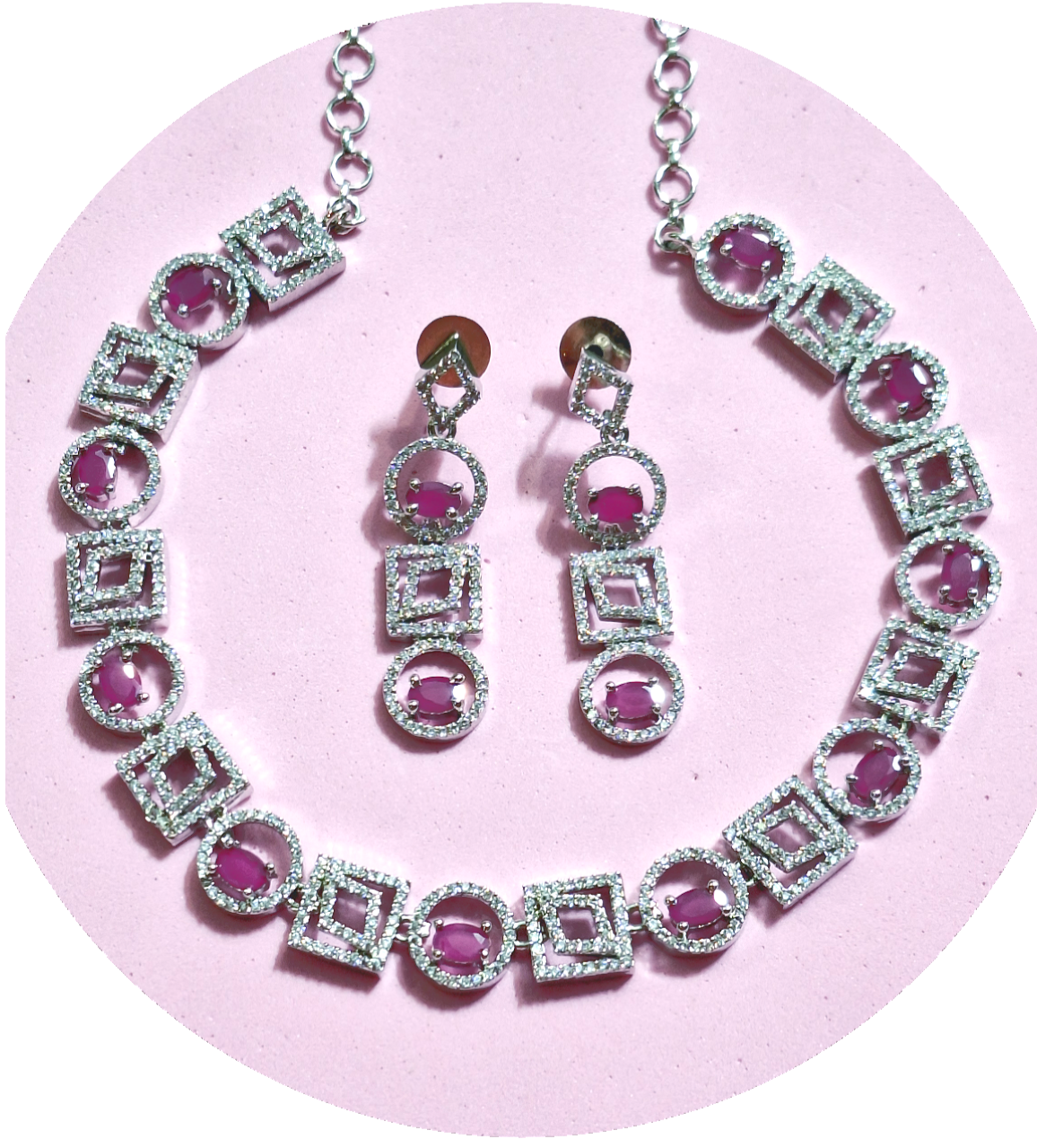 Pink white American Diamond Necklace Set