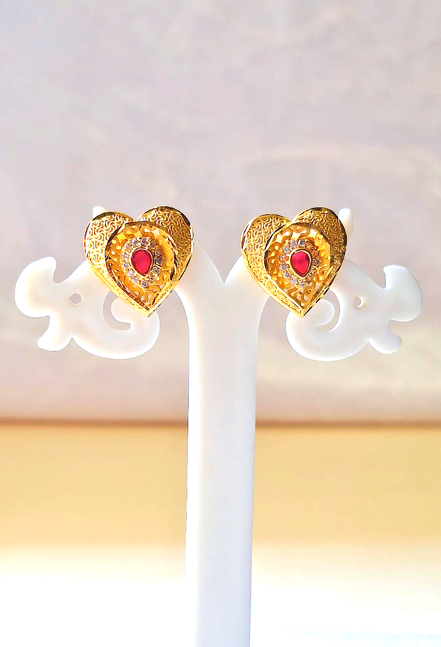 Elegant Heart Design Ruby Gold-Plated Stud Earrings – 1 Gram of Timeless Beauty