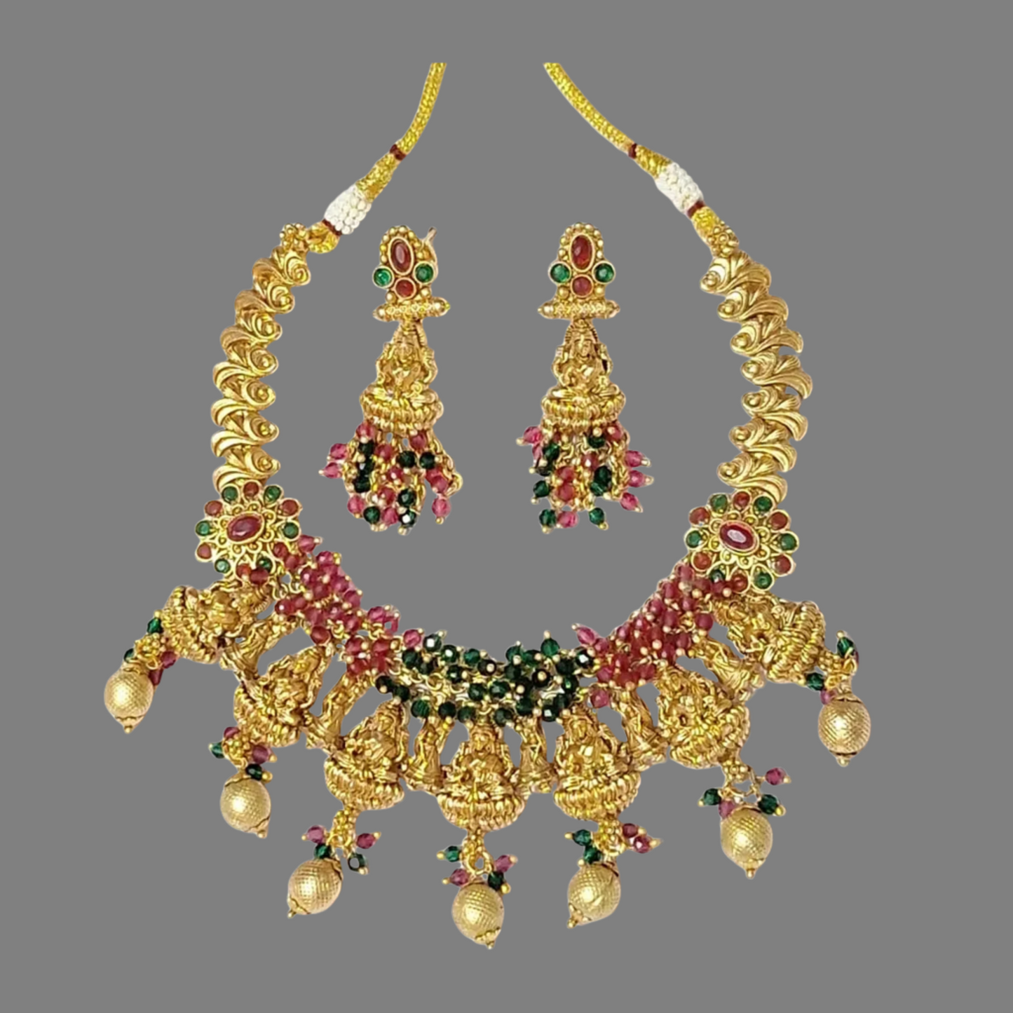 Maa Laxmi Temple Design Red Green Gold Plate Necklace Set