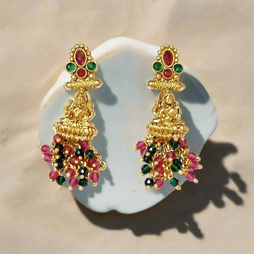 Maa Laxmi Temple Design Red Green Gold Plate Necklace Set