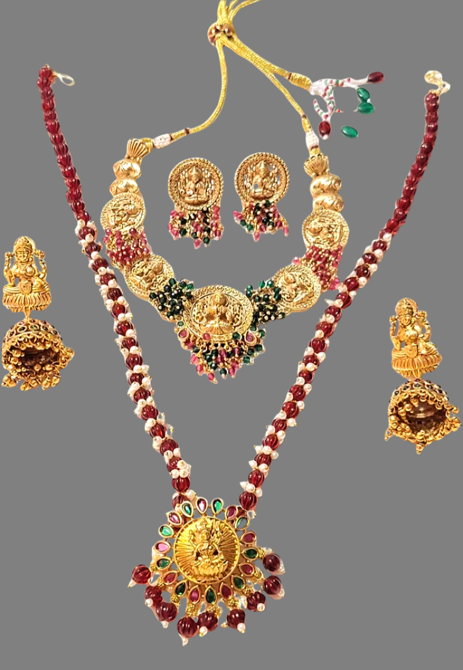 Elegant Red and Green Color Temple Design Necklace Set Combo Set for Women – Traditional Indian Bridal Jewelry