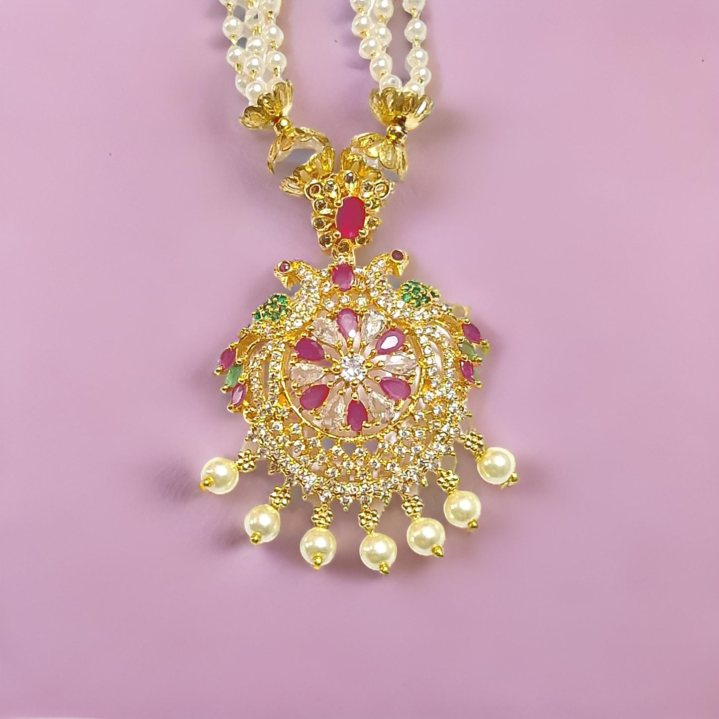Pink Ruby American Diamond Pearl Long Chain 1 Gram Gold Plated Necklace Set