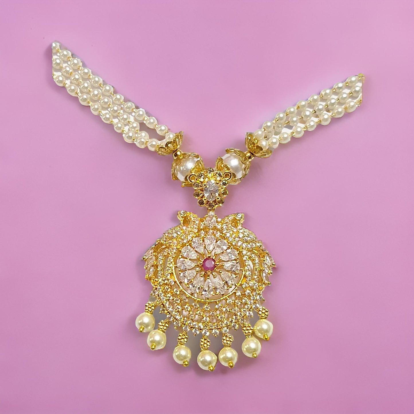 Pearl American Diamond 1 gram Gold plated Long NecklaceSet