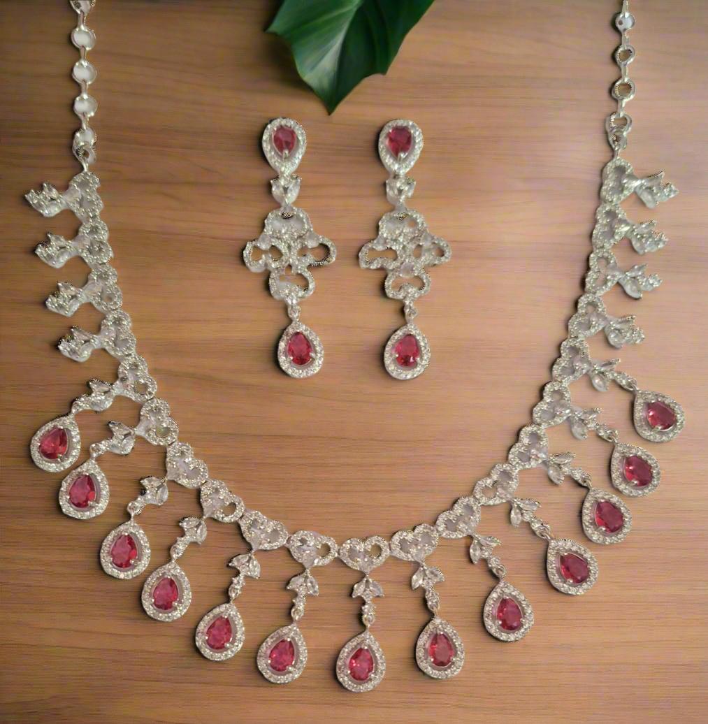 Pink Ruby American Diamond Necklace Set with matching earrings