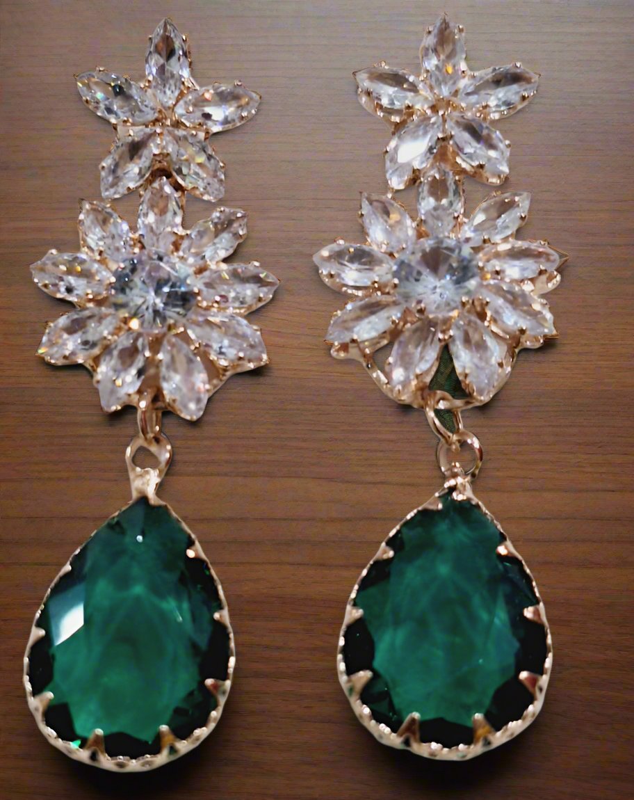 Green Stone Anti Tarnish American Diamond Statement Earrings