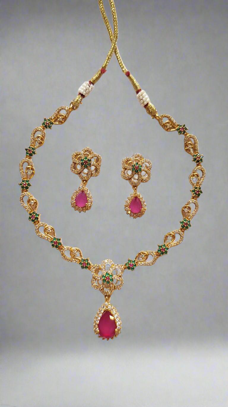 Pink Ruby| Green Stones| American Diamonds Necklace Set