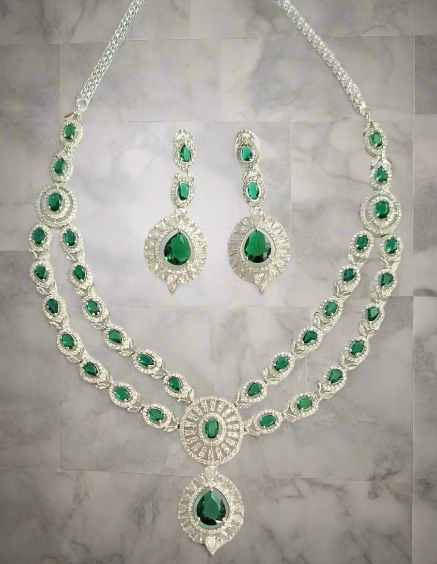 Double Layer Green Ruby American Diamond Necklace Set