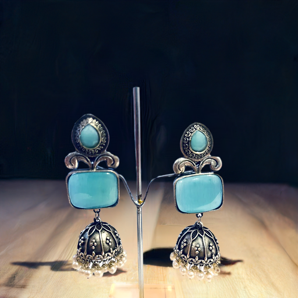 Turquoise Blue Stone Oxidized Silver Jhumka | Earring