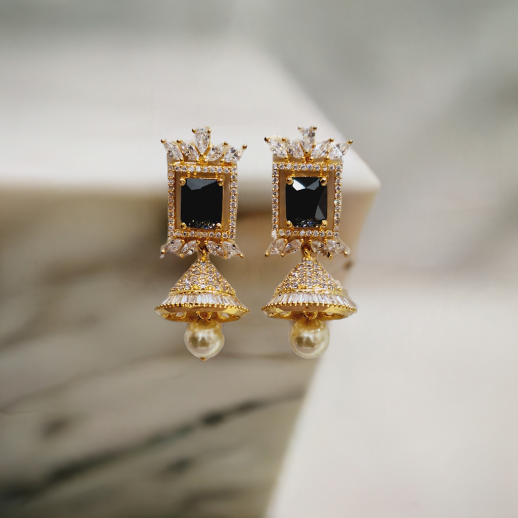Luxurious Black Stone Earrings Featuring Dazzling American Diamonds