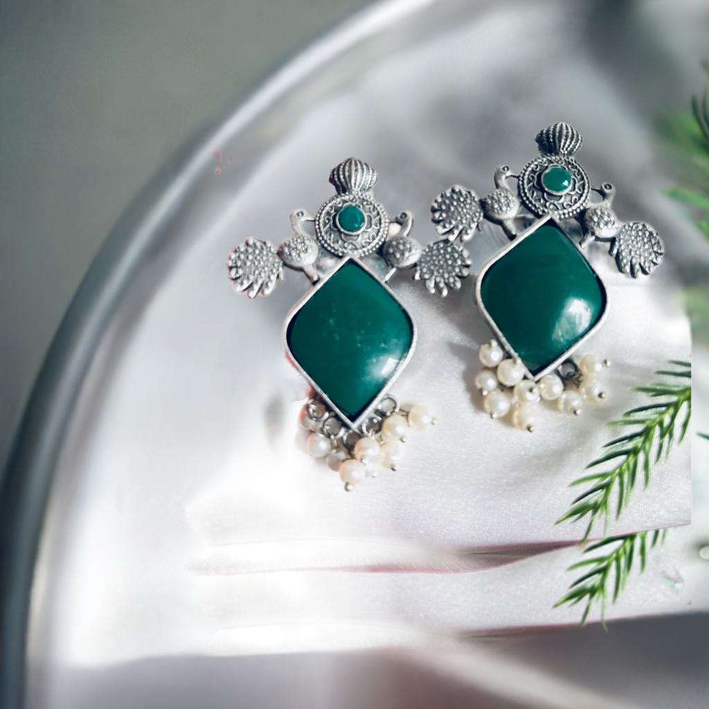 Green Stone Pearl Oxidized Silver Stud Earrings