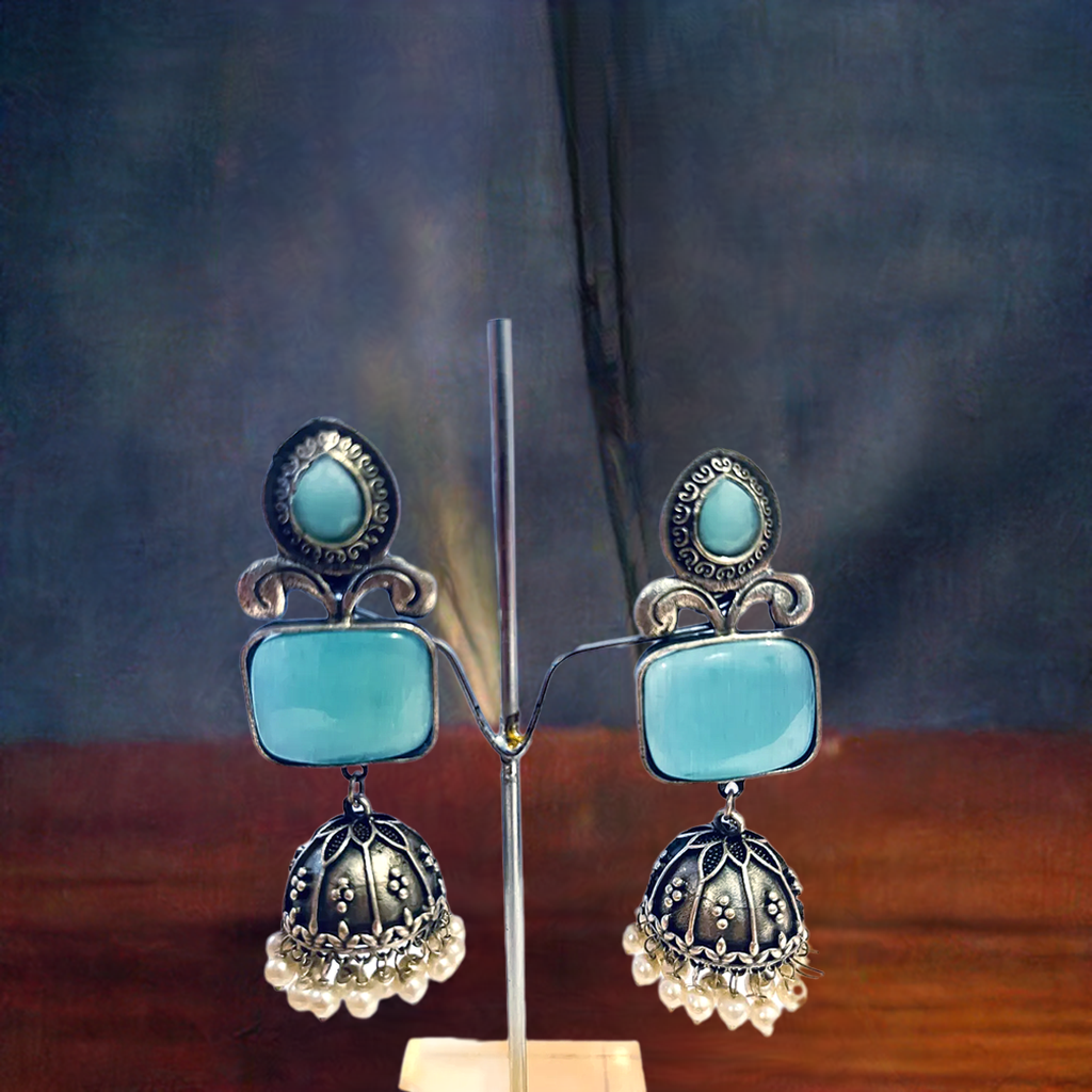 Turquoise Blue Stone Oxidized Silver Jhumka | Earring