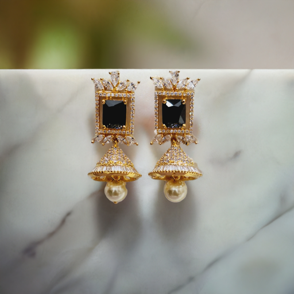 Luxurious Black Stone Earrings Featuring Dazzling American Diamonds