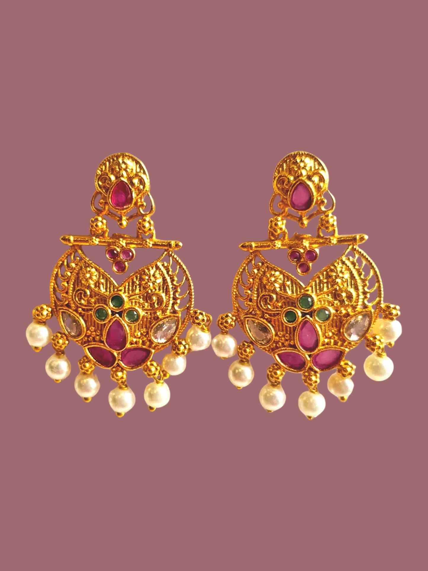 Pink Green Ruby 1.5 Gram Gold Plated Hanging Earrings