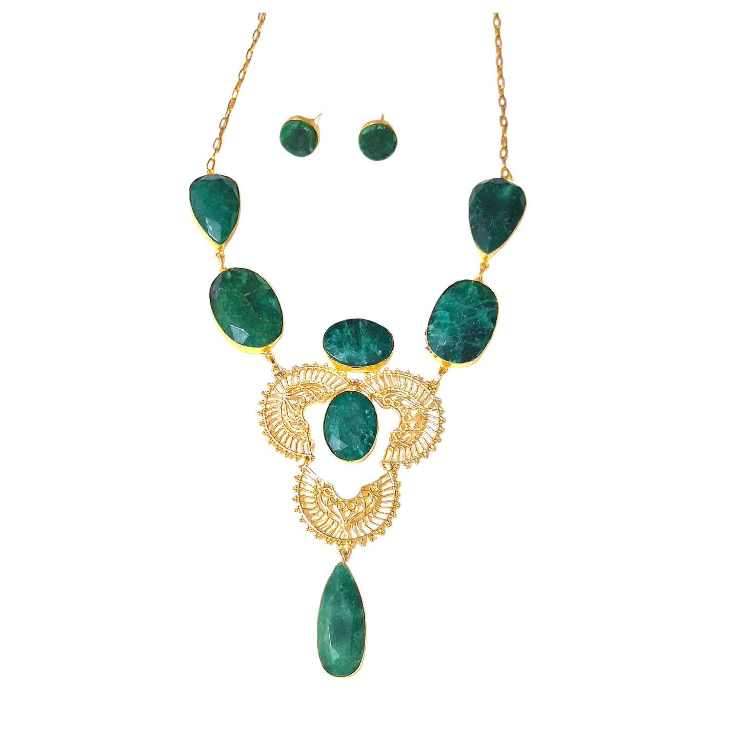 Green Marble Stone Brass Gold Plated Long Necklace Set With Ring