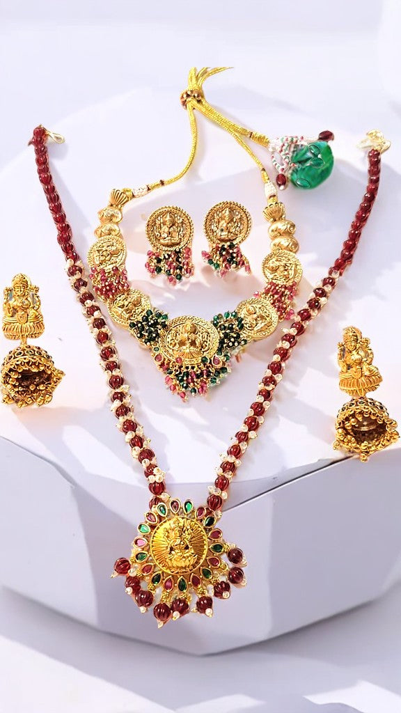 Elegant Red and Green Color Temple Design Necklace Set Combo Set for Women – Traditional Indian Bridal Jewelry