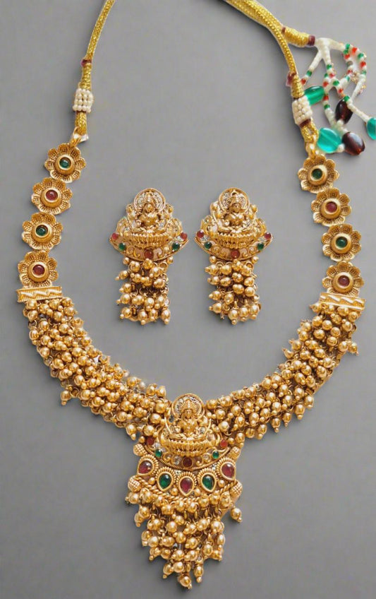 Traditional Goddess Lakshmi Motif 1.5 Gram Gold Plated Necklace Set: A Timeless Elegance