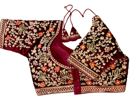 Wine Velvet Floral Embroidered Designer Blouse