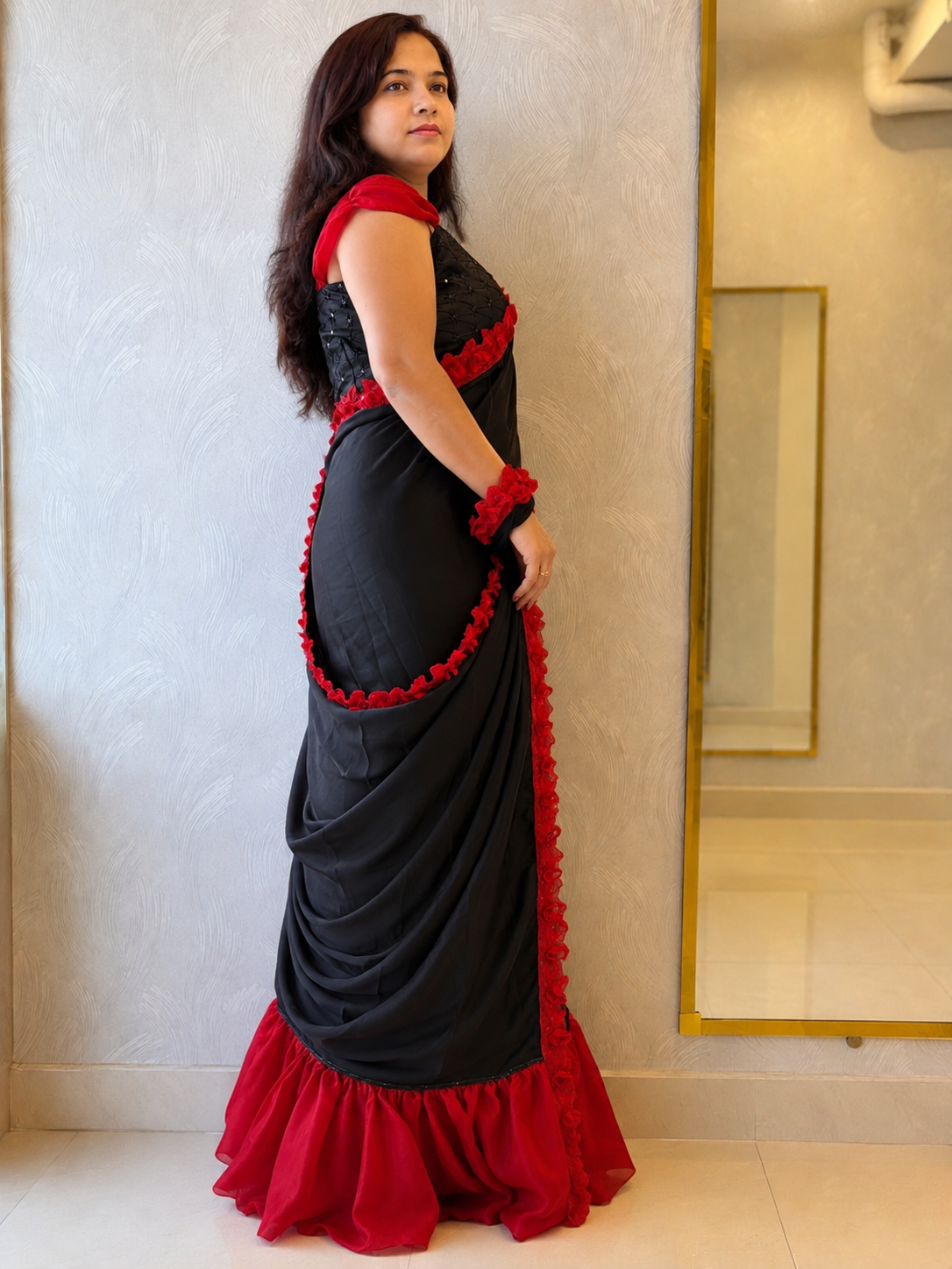 Black &amp; Red Ruffle Designer Saree in Premium Soft Satin