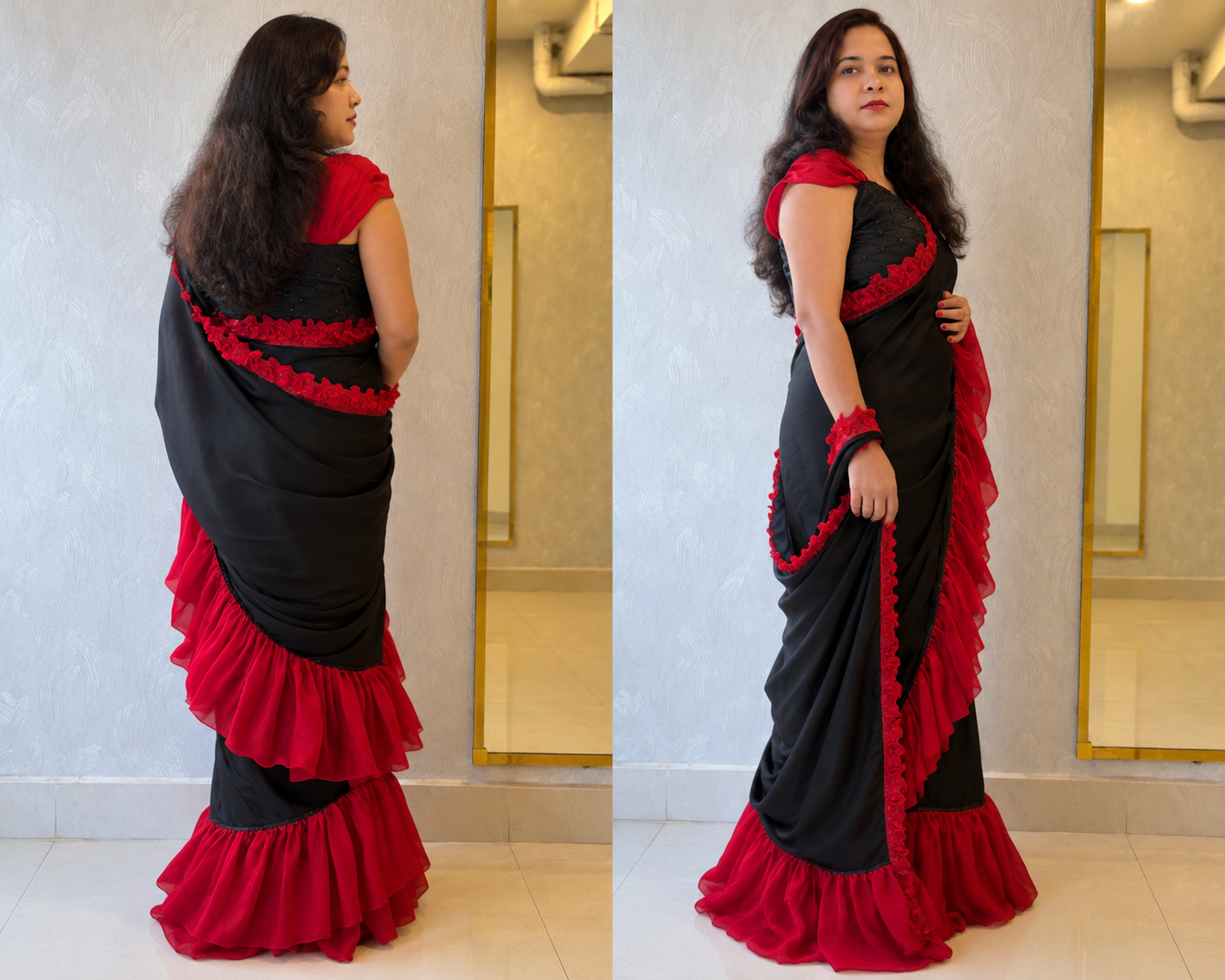 Black &amp; Red Ruffle Designer Saree in Premium Soft Satin