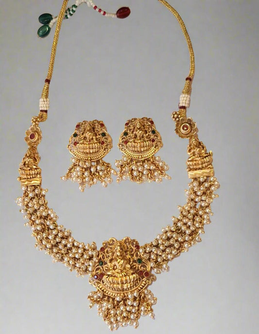 Maa Luxmi Temple Design 1Gram Gold Plated Necklace Set