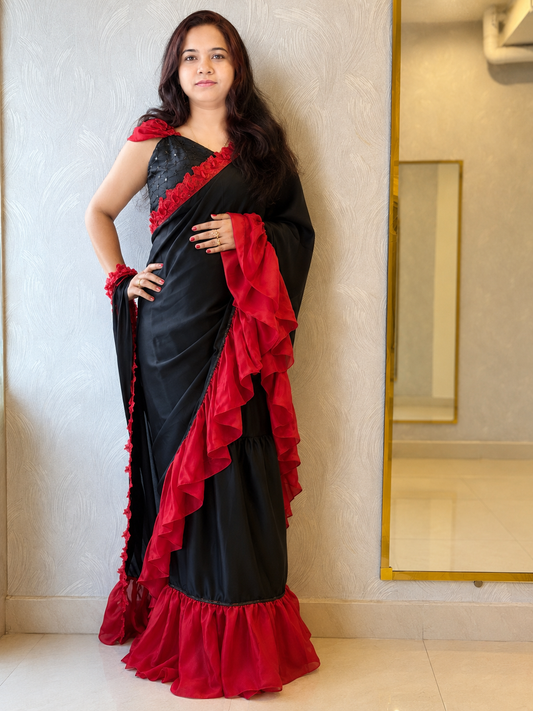 Black &amp; Red Ruffle Designer Saree in Premium Soft Satin