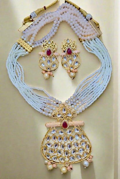 Gold Plated Pearl Necklace Set featuring matching earrings