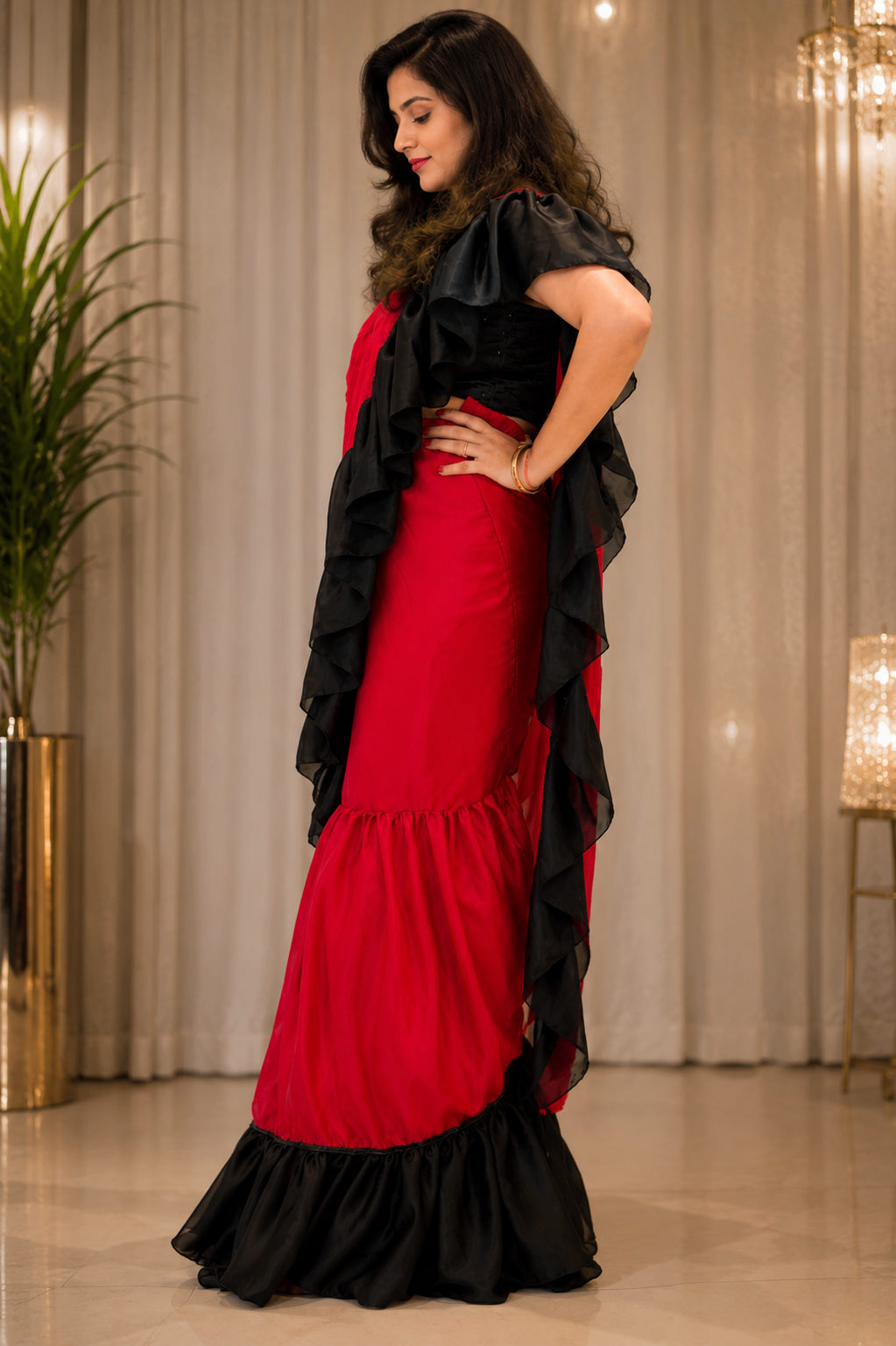 RED LOVE™ – Black Ruffle Ready-to-Wear Saree