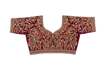 Wine Velvet Floral Embroidered Designer Blouse