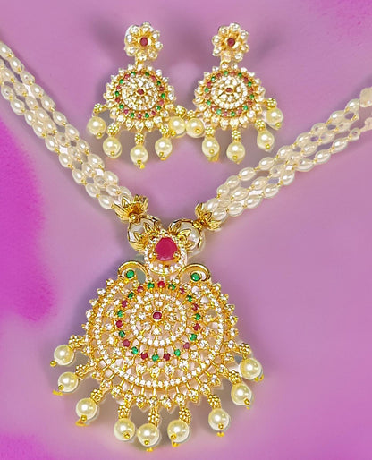 Pink Green American Diamond Pearl Maharani Necklace Set