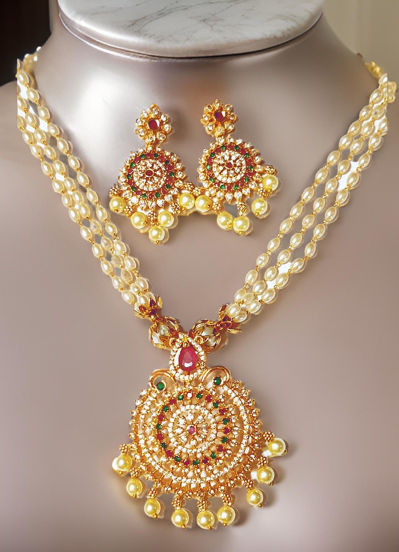 Pink Green American Diamond Pearl Maharani Necklace Set