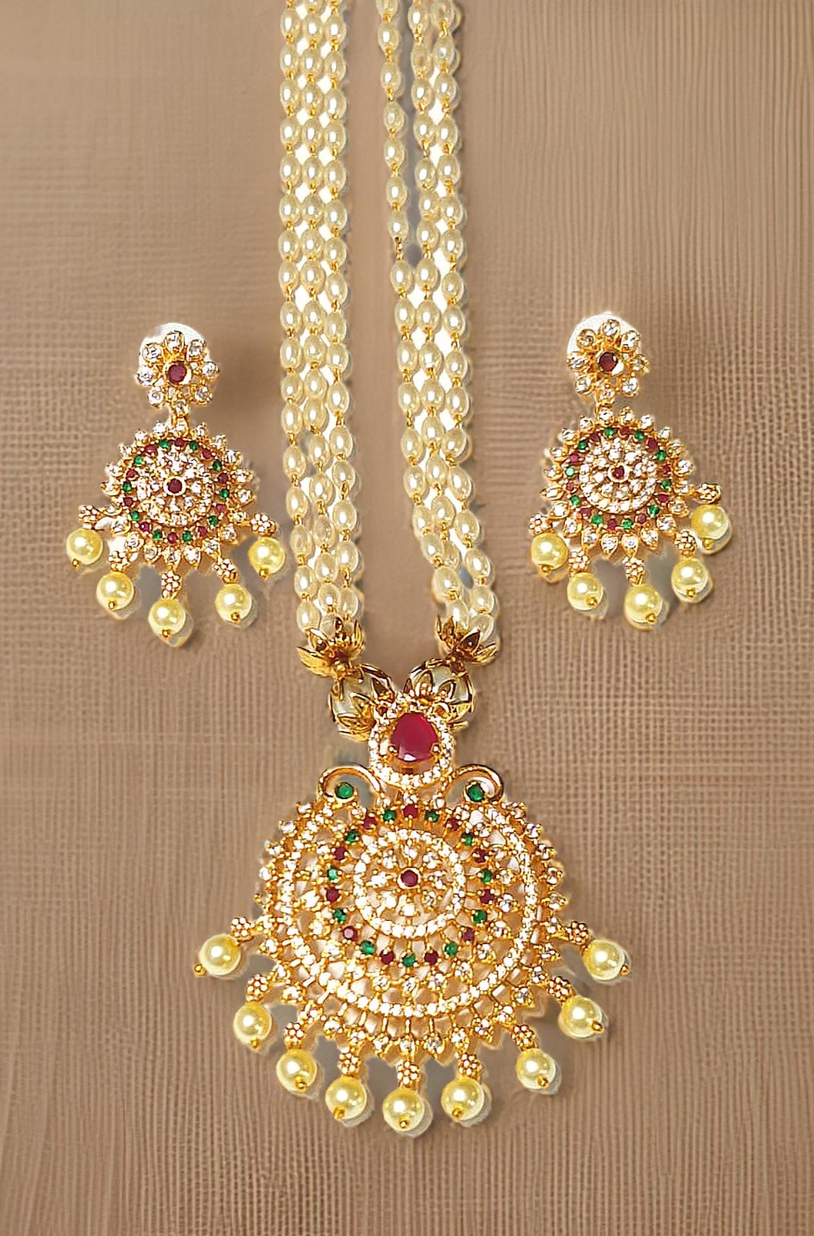 Pink Green American Diamond Pearl Maharani Necklace Set