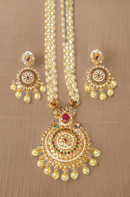 Pink Green American Diamond Pearl Maharani Necklace Set