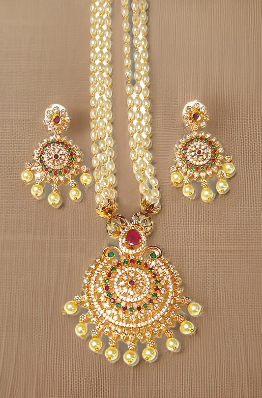 Pink Green American Diamond Pearl Maharani Necklace Set