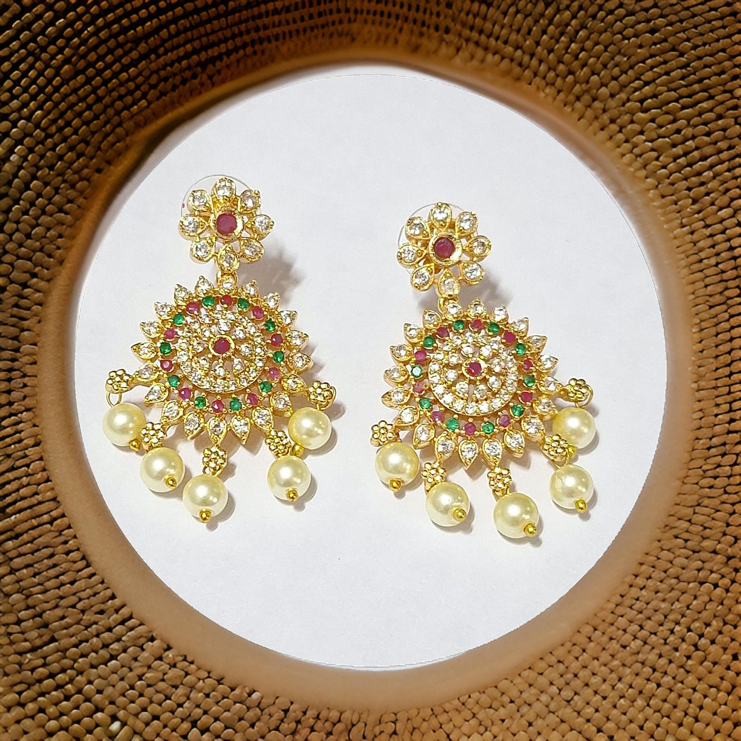 Pink Green American Diamond Pearl Maharani Necklace Set